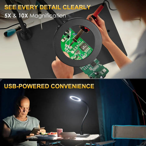 Heavy-Duty Soldering Station With Magnetic Third-Hand Rig, Non-Slip Silicone Pad, Steel Base, 10 Plus Magnetic Accessories, 10X And 5X Magnifying Lamps showing PCB work with magnification and table setup.