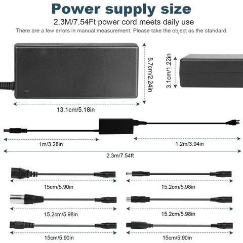 Dimensions and plug details of 42V 2A electric scooter charger universal replacement with 7 plugs for 36V 10S lithium ion battery