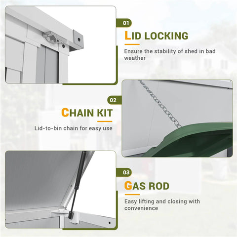 41 Cu Ft Horizontal Outdoor Storage Shed Weatherproof Resin features with lid locking, chain kit, and gas rod mechanisms.