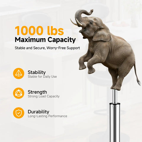 Beefed Up Heavy Duty 1000 Lbs Gas Lift Cylinder Replacement With 19.5 To 28 Inch Adjustable Height showcasing weight capacity with elephant