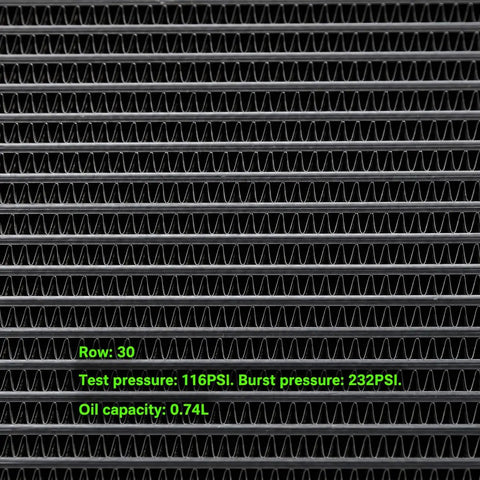 Aluminum Engine And Transmission Oil Cooler Kit With Stacked Plate 30 Row close-up showing black radiator fins and pressure specs