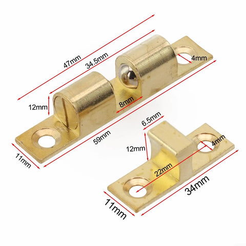 Premium 70mm Brass Ball Roller Catch For Cabinet Doors And Machines, with adjustable steel rollers, dimensions shown.