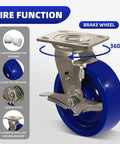 Rugged 6X2 Inch Stainless Steel Casters Featuring Smooth Rolling Solid Blue Polyurethane Wheels And Secure Brake Locks close-up view of rotating brake wheel