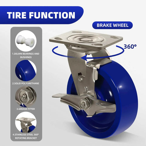Rugged 6X2 Inch Stainless Steel Casters Featuring Smooth Rolling Solid Blue Polyurethane Wheels And Secure Brake Locks close-up view of rotating brake wheel