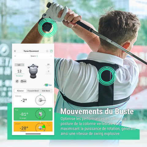 Man using SwingMotion Golf Swing Trainer And Analyzer with app displaying 3D swing analysis and feedback on posture.