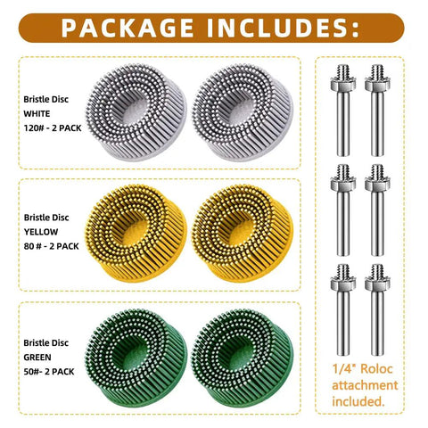 Six Pack Two Inch Bristle Disc Set With One Quarter Inch Shank Grit 50 80 120 For Metal Deburring Blending Finishing And Abrasive Coating Removal On Steel Aluminum And Hard Metals