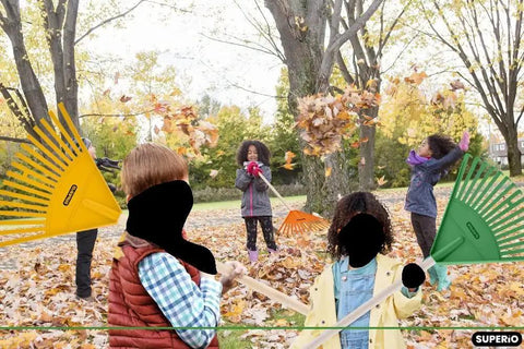 Children using pack of 12 kids rakes with hardwood handles and durable plastic heads for leaf cleanup in the yard 34 inch red garden tools