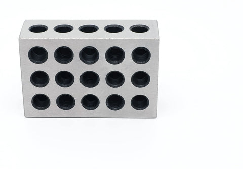 Steel 1-2-3 precision block with 23 holes, 1 x 2 x 3 in, front view.
