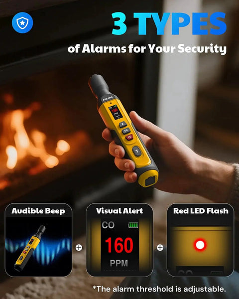 Handheld Portable Carbon Monoxide Detector With Rechargeable Battery and TFT Color Display, showing 160 PPM on screen.