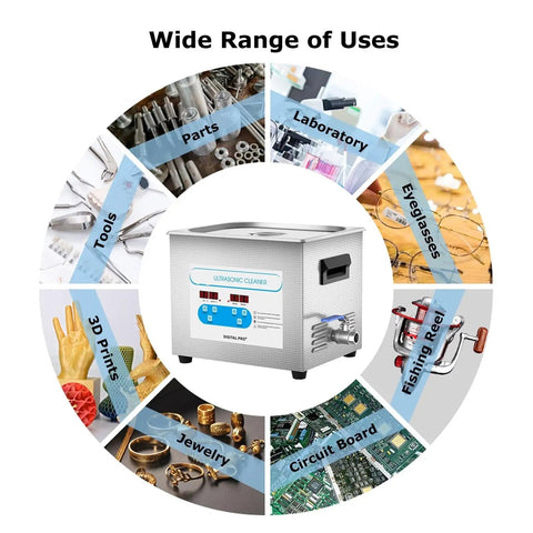 10 Liter Ultrasonic Cleaner With Heated Tank And Easy Turn Knobs To Beat Crud Off Carburetors And Heavy Duty Mechanic Tools In Every Weekend Garage Shop in a circular infographic showcasing various uses.