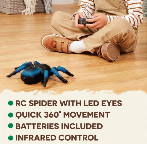 Child playing with Remote Control Tarantula For Kids With LED Eyes Realistic Spider Toy With Moving Legs Fast Speed And 360 Degree Spin