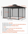 Gazebo Netting Replacement For Most 11.5 Ft Square Or Rectangular Gazebos With 4 Panel Mesh Sidewalls And Double Zipper Outdoor Garden Midge Netting Canopy Screen To Keep Bugs Out displayed in a diagram with measurements and specifications.