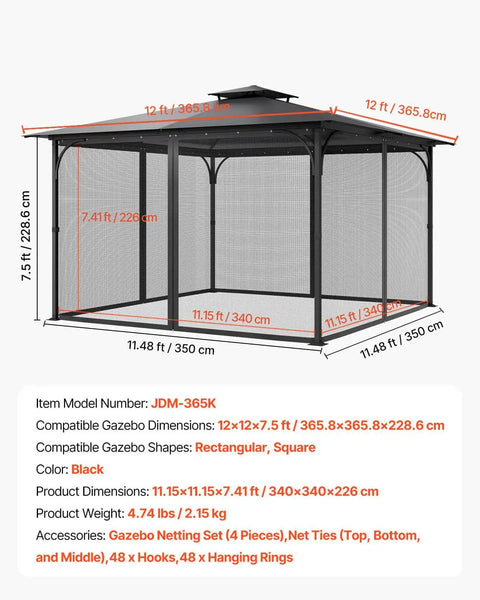 Gazebo Netting Replacement For Most 11.5 Ft Square Or Rectangular Gazebos With 4 Panel Mesh Sidewalls And Double Zipper Outdoor Garden Midge Netting Canopy Screen To Keep Bugs Out displayed in a diagram with measurements and specifications.
