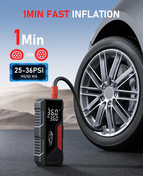 Portable Tire Inflator And Air Compressor For Cars Bikes Balls And Motorcycles Cordless 12V showing fast inflation with car tire