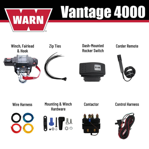 Vantage 4000 12V DC Electric Winch for ATV UTV Side By Side With 55 Ft Aircraft Grade Wire Rope And Roller Fairlead For Off Road Recovery And Heavy Duty Tasks with winch, switch, harness and hardware