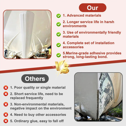 Comparison of Heavy Duty Boat Keel Guard for Fiberglass and Aluminum Hulls vs inferior products, highlighting quality and adhesion.