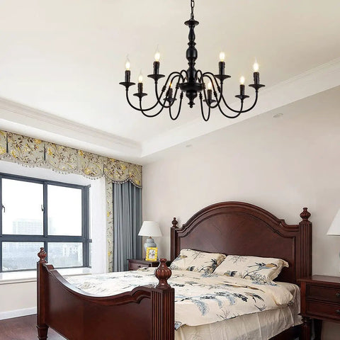 Metal 8 Light Candle Style French Country Chandelier Black Farmhouse Pendant Lighting For Bedroom, 30 Inch Diameter, Modern Rustic Vibe