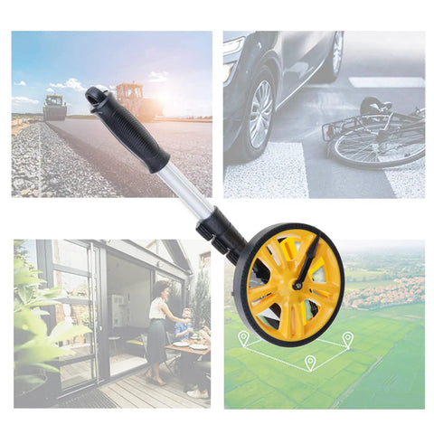 Measuring Wheel 0-9999.9m Digital Display for Construction Worker with yellow wheel and aluminum handle for outdoor measurements.
