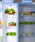Comparison of fridge with and without 'Brighten Your Fridge With No Fuss Install LED Refrigerator Light Bulb 4W 40 Watt Equivalent Waterproof Freezer IP54 120V E26 Daylight White 5000K 400 Lumen Energy Saving A15 Appliance Bulb', showcasing difference in interior brightness and visibility of fruits and vegetables on shelves.