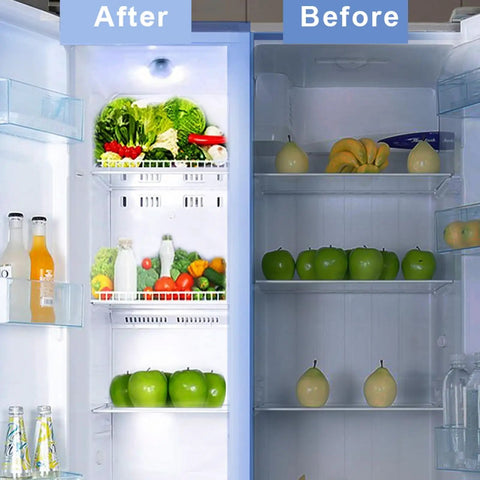 Comparison of fridge with and without 'Brighten Your Fridge With No Fuss Install LED Refrigerator Light Bulb 4W 40 Watt Equivalent Waterproof Freezer IP54 120V E26 Daylight White 5000K 400 Lumen Energy Saving A15 Appliance Bulb', showcasing difference in interior brightness and visibility of fruits and vegetables on shelves.