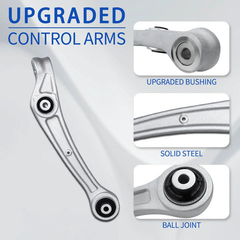 Beefed Up Suspension Front Lower Forward Control Arm Pair For Audi A4 A5 A6 S4 S5 RS5 RS7 Q5 SQ5 Allroad A7 And Porsche Macan 23.5mm Replacement Upgrade Kit showing upgraded bushing and solid steel construction