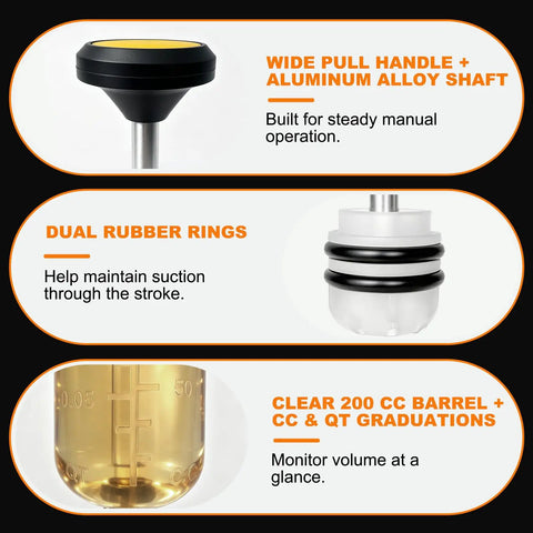 Close-up of the Tight Squeeze Friendly 200cc Automotive Fluid Extractor And Fill Pump showing wide pull handle and dual rubber rings.