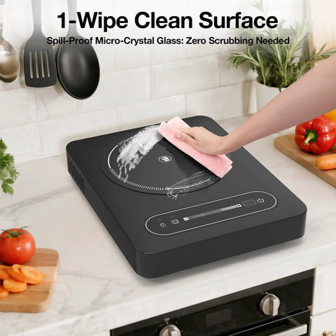 Cleaning the 1800W Portable Electric Cooktop with Timer and Child Lock, 11 Inch Single Burner, on a kitchen countertop.