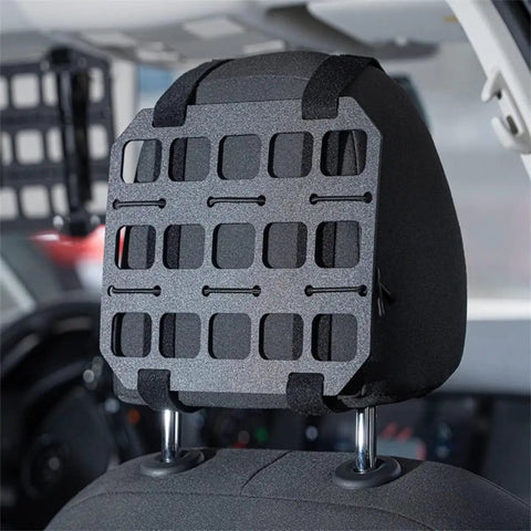 Beefy Car Headrest MOLLE Panel Organizer with quick install webbing on SUV seat, shown in black ABS material.