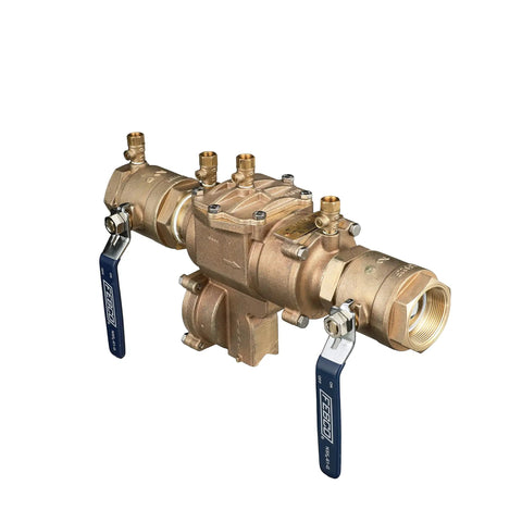 Pro Grade Lead Free Bronze Reduced Pressure Zone Assembly Featuring Slick Quarter Turn Shutoff Valves with inline design and 1/4 inch NPT ports.