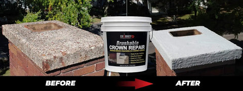 Before and after of chimney treated with Brushable Chimney Crown Repair Elastomeric Waterproof Coating for Crowns and Masonry Flexible Sealant Prevents Leaks Cracks Quick Setting Long Lasting Protection 2 Gallon