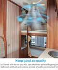 Interior of RV showing 6 Inch Replacement White RV Vent Fan Blade With 12V D-Shaft Motor For Your RV Bathroom Exhaust installed on ceiling.