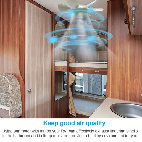Interior of RV showing 6 Inch Replacement White RV Vent Fan Blade With 12V D-Shaft Motor For Your RV Bathroom Exhaust installed on ceiling.