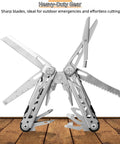 All In One 16 In 1 Multitool Pliers With Spring Loaded Pliers Head Plus Knife Scissors Saw And Screwdriver Bits on wood surface