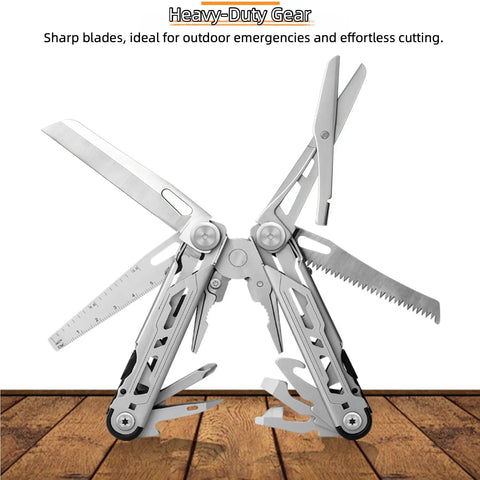 All In One 16 In 1 Multitool Pliers With Spring Loaded Pliers Head Plus Knife Scissors Saw And Screwdriver Bits on wood surface