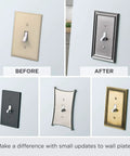 Before and after comparison of light switches with decorative wall plates, featuring different styles and finishes for upgraded decor.