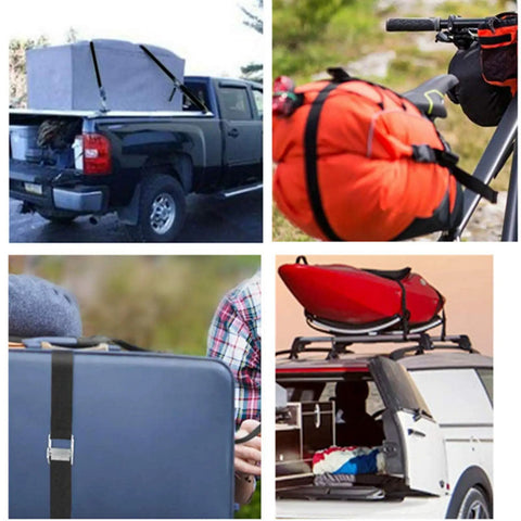 Heavy Duty 2 Ft By 1 In Ratchet Strap Set With Cam Buckle securing truck load, bike gear, luggage, and kayak in black nylon