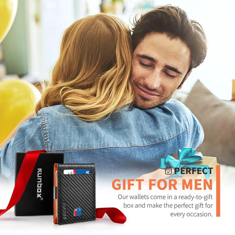 Gift box with Slim Leather Money Clip Wallet For Men With RFID Blocking Front Pocket Bifold Card Holder shown with hugging couple.