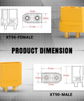 Rock Solid Xt90 Connector Plug Set Male And Female With Gold Plated Contacts High Temp Nylon For LiPo Batteries RC Drones FPV ESC and DIY Projects dimensions diagram with measurements.