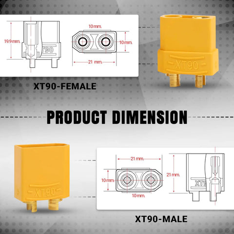 Rock Solid Xt90 Connector Plug Set Male And Female With Gold Plated Contacts High Temp Nylon For LiPo Batteries RC Drones FPV ESC and DIY Projects dimensions diagram with measurements.