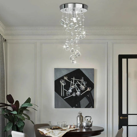 Spiral Crystal Chandelier Flush Mount With Raindrop Crystal Orbs Bangin Mini Ceiling Light Fixture for Bedroom Hallway and Living Room 8 Inch Diameter By 15.8 Inch Height Crystal String Design For Bright Glam above dining table