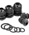 Value Packed 25 Pack Plastic Waterproof Cable Glands Set For 3.5 To 13 Mm Cables Includes PG7 PG9 PG11 PG13.5 And PG16 Sizes Black Wire Glands Joints And Protectors For Enclosures Electrical Boxes Outdoor Projects displayed with black cable glands and washers in varying sizes.