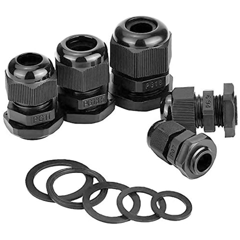 Value Packed 25 Pack Plastic Waterproof Cable Glands Set For 3.5 To 13 Mm Cables Includes PG7 PG9 PG11 PG13.5 And PG16 Sizes Black Wire Glands Joints And Protectors For Enclosures Electrical Boxes Outdoor Projects displayed with black cable glands and washers in varying sizes.