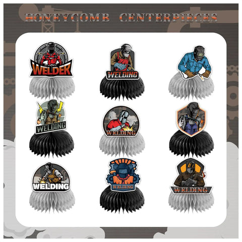 Nine Piece Electric Welding Honeycomb Table Centerpieces For Welder Birthday Bash And Electric Welding Party Supplies shown in grid layout
