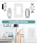 Screwless Decorator Wall Plates 6 Pack, 1 Gang, White Switch Plate Covers shown with compatible devices and room setting