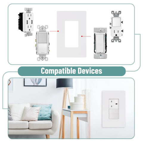 Screwless Decorator Wall Plates 6 Pack, 1 Gang, White Switch Plate Covers shown with compatible devices and room setting