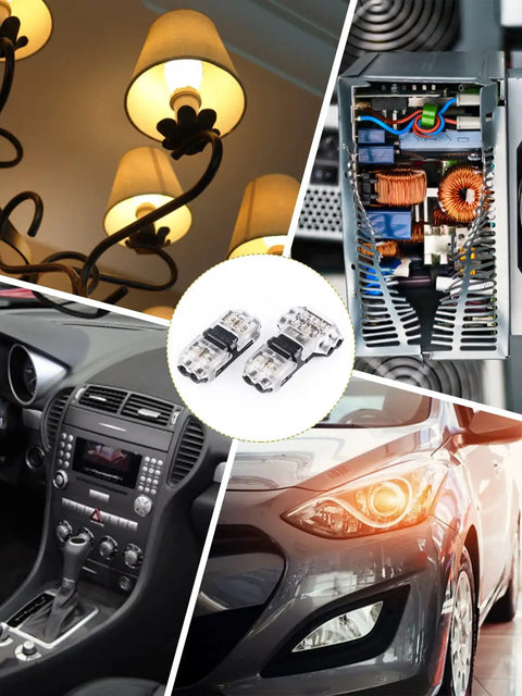 Low Voltage Wire Connectors 20 Pack 2 Pin 3 To 2 Way Quick Splice shown with cars, lighting, and electrical applications.