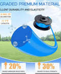 Diagram showing spool design with blue nylon line for Beefed Up Twelve Plus Two Pack Replacement Trimmer Spool with Eleven Feet of 0.065 Inch String for Ryobi One Plus