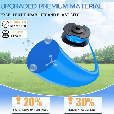Diagram showing spool design with blue nylon line for Beefed Up Twelve Plus Two Pack Replacement Trimmer Spool with Eleven Feet of 0.065 Inch String for Ryobi One Plus