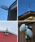 Various installations using Beefy Heavy Duty Pole Mount For Outdoor Antennas And Weather Stations With Double U Bolts One Quarter Inch Outer Diameter And Fifteen And Three Quarter Inch Length Ideal For TV Radio Satellite Starlink WiFi Boosters And Cell Signal on rooftops.