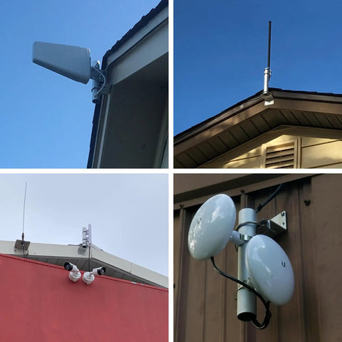 Various installations using Beefy Heavy Duty Pole Mount For Outdoor Antennas And Weather Stations With Double U Bolts One Quarter Inch Outer Diameter And Fifteen And Three Quarter Inch Length Ideal For TV Radio Satellite Starlink WiFi Boosters And Cell Signal on rooftops.
